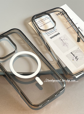 高档烟灰色透黑边框16plus亚克力磁吸大孔16镜头设计小众高级耐脏光滑13/14PRO/15PM透明背面手机壳黑灰新17