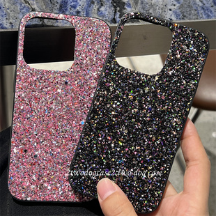 奢华亮晶晶颗粒亮片15黑粉色闪片大孔手机壳12promax/13/14Pro欧美黑金粉金闪闪保护壳15plus