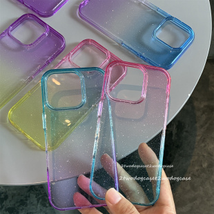 15PRO大孔硬壳奢华闪烁细闪手机壳不易黄12 14plus保护壳彩虹色 薄荷蓝紫蓝色粉蓝渐变闪粉硬壳17Pro