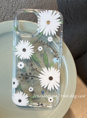 清新ins简约白色花朵绿叶15ProMax手机壳适用苹果11/12/13Pro14plus透明百搭夏日新款S23/S24U保护壳雏菊