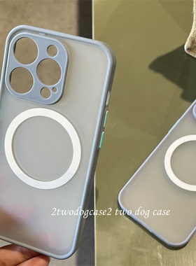 13mini灰紫色边框撞色浅蓝按钮磁吸壳15plus强磁吸力白色引磁环12/13/14Pro11XR7p新款精孔手机保护壳防指纹8