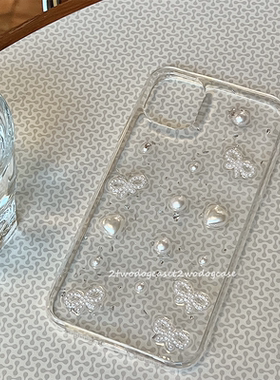 16P15pro立体白色爱心珍珠白色蝴蝶结12/13/14promax手机壳透明滴胶银箔奢华XR7P新款小众时尚搭配软壳17air