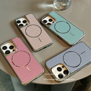 情侣厚实保护壳银色圈格纹壳 15PM新款 17时髦ins细圈电镀磁吸16promax彩色格子玫粉蓝绿泳池格纹设计13pro
