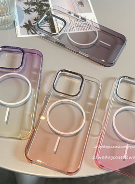 渐变彩色光滑硬壳细圈磁吸16promax情侣款13pro/15/14PM西柚色日落粉紫色金属镜头框按钮MATE70P高透亮手机壳