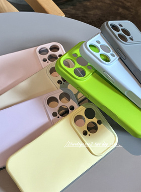 大视窗纯色触控全包17淡紫色雾霾蓝灰纯色16pro浅粉淡黄新款简约厚实硅胶亮绿软壳13pro/14PM15PRO情侣手机壳