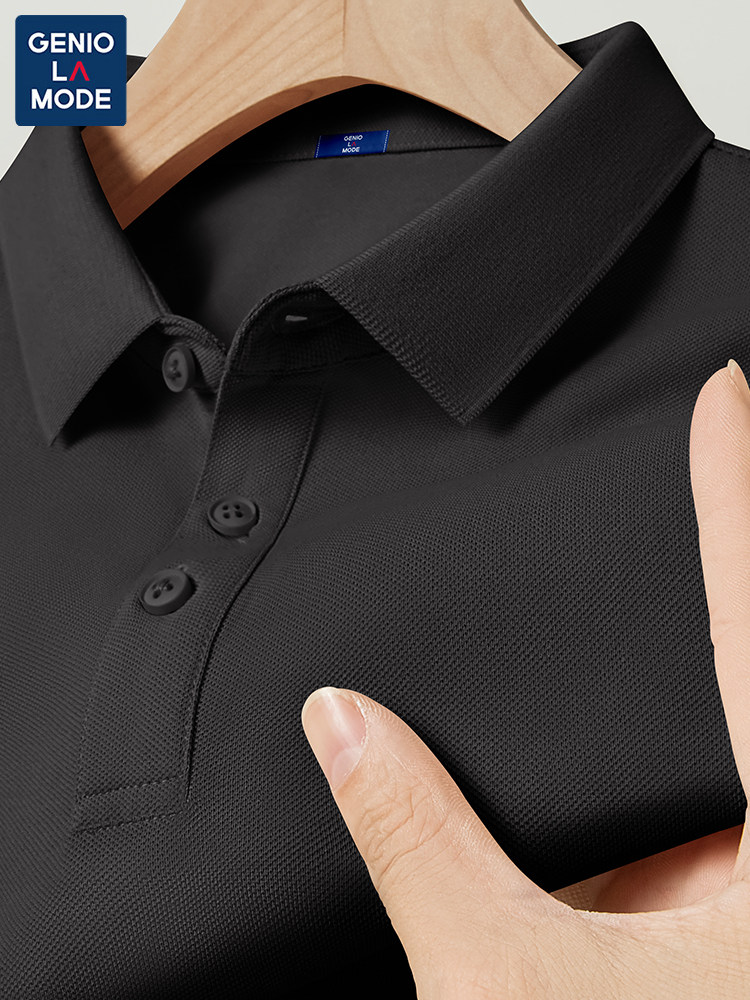 GENIO LAMODE BLACK SOLONA POLO SHIRT MENS SHORT SLEEVE ICE SILK SUMMER BUSINESS STYLE LAPEL MENS T-SHIRT