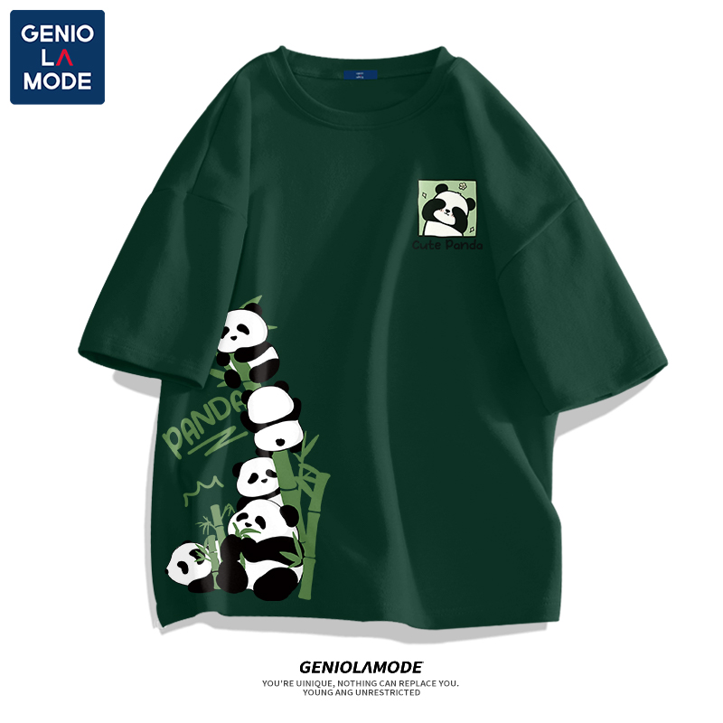 GENIOLAMODE绿色短袖t恤男夏季纯棉亲肤熊猫图案男款半袖