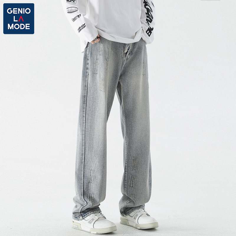 GENIOLAMODE RIPPED BEGGAR JEANS MENS STRAIGHT LEG SUMMER THIN VINTAGE HIGH STREET PANTS