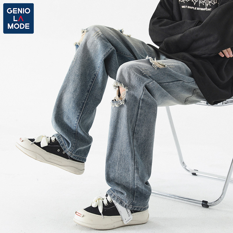 GENIOLAMODE RIPPED BEGGAR JEANS MENS STRAIGHT LEG SUMMER THIN VINTAGE HIGH STREET PANTS