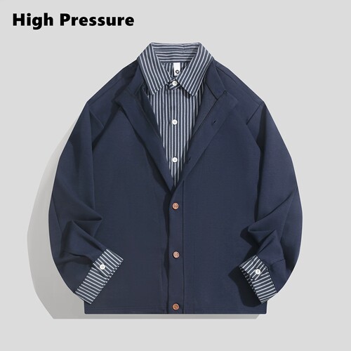 High Pressure秋季复古条纹拼接假两件外套宽松情侣休闲百搭外套