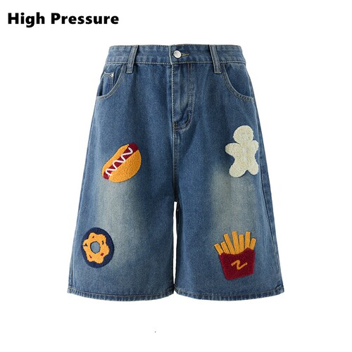 High Pressure美式复古创意热狗汉堡毛巾绣牛仔短裤多巴胺五分裤