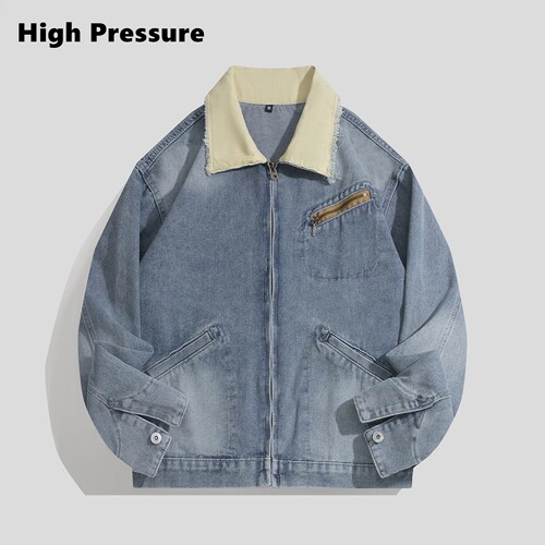 High Pressure美式复古拼接风牛仔外套男宽松翻领夹克秋季外套