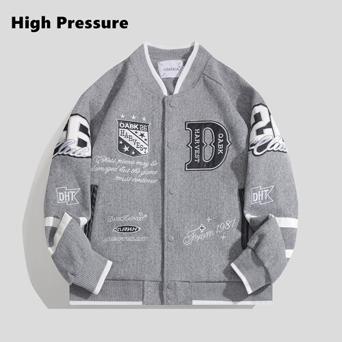 High Pressure美式复古字母刺绣撞色条纹宽松棒球服外套春季夹克