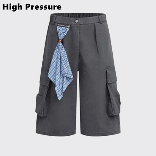 High Pressure街头复古做旧大口袋方巾挂饰阔腿裤夏中性工装短裤
