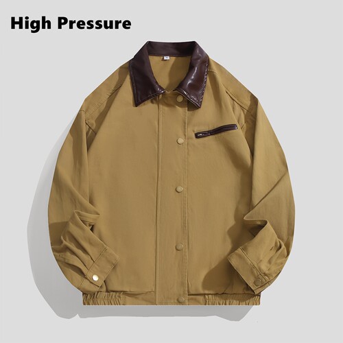 High Pressure美式复古巴恩风做旧皮领夹克男女boxy工装牛仔外套