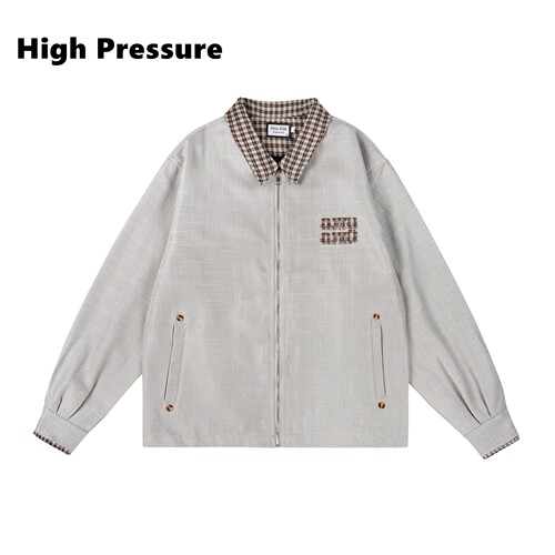 High Pressure复古千鸟格拼接哈灵顿夹克复古工装假两件拉链外套