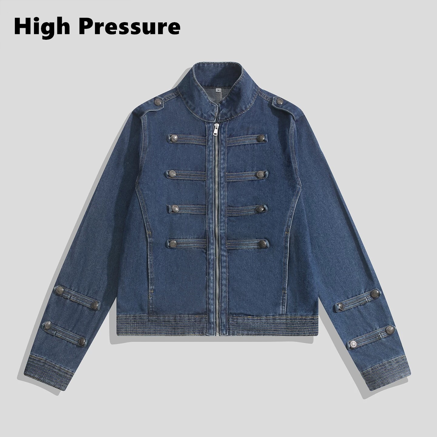 High Pressure复古蓝拿破仑双排扣水洗做旧牛仔外套男女秋冬夹克