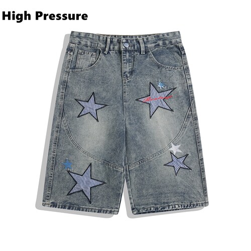 High Pressure美式复古星星贴布绣直筒牛仔七分裤街头情侣短裤