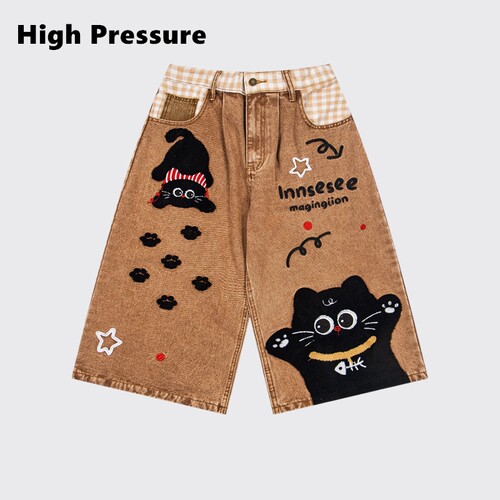High Pressure可爱立体猫咪刺绣拼接格子牛仔七分裤裤宽松阔腿裤