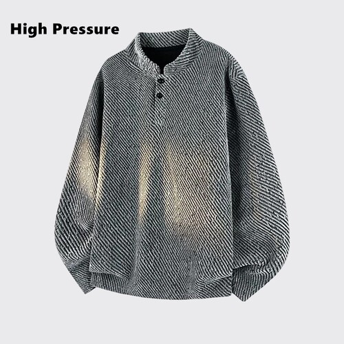High Pressure鱼骨纹V领亨利领长袖T恤男秋季宽松打底衫慵懒外套