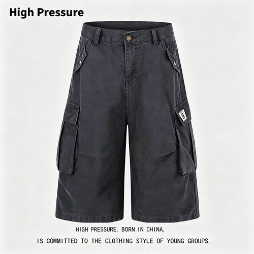 High Pressure美式复古纯色多口袋工装七分裤男夏季宽松街头短裤