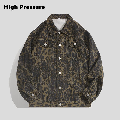 High Pressure美式复古街头豹纹衬衫牛仔外套复古夹克休闲上衣