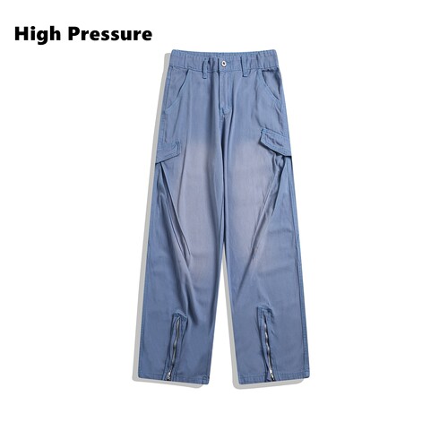 High Pressure美式复古水洗蓝色法工阔腿牛仔长裤男直筒工装长裤