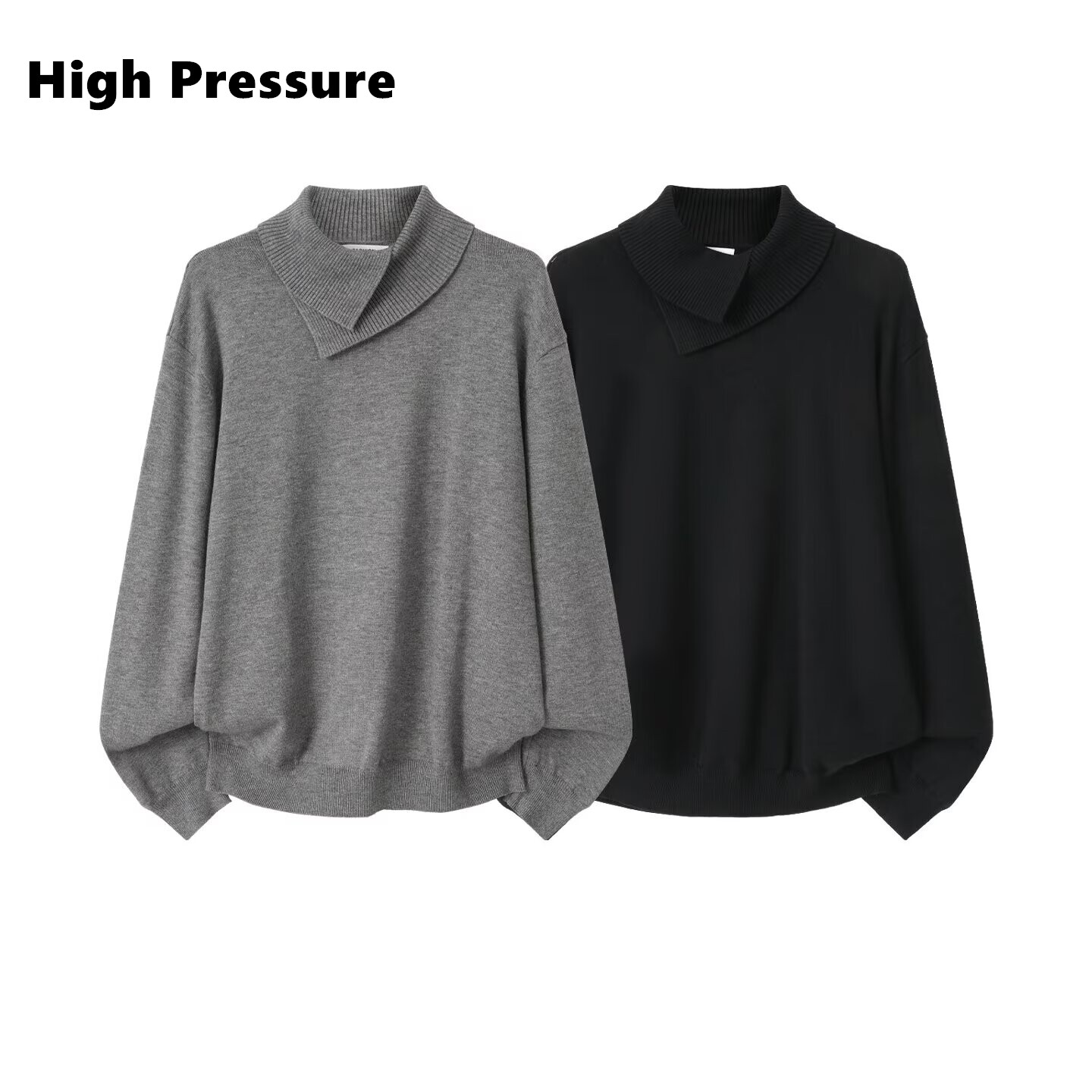 High Pressure复古老钱风双层异形高领毛衣男女慵懒翻领针织衫