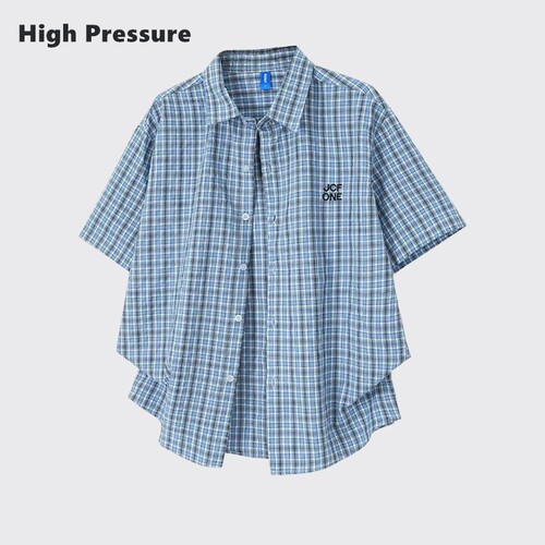 High Pressure日系复古刺绣格纹短袖衬衫男夏季cityboy通勤上衣