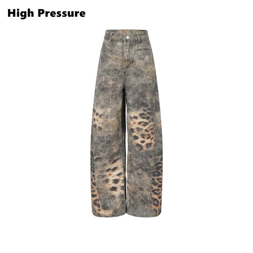 High Pressure美式复古3D打印渐变豹纹弯刀牛仔裤做旧宽松阔腿裤