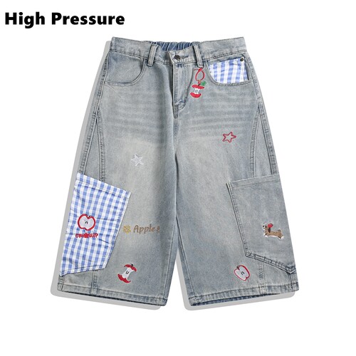 High Pressure苹果格子刺绣七分牛仔裤女夏季慵懒阔腿直筒短裤子