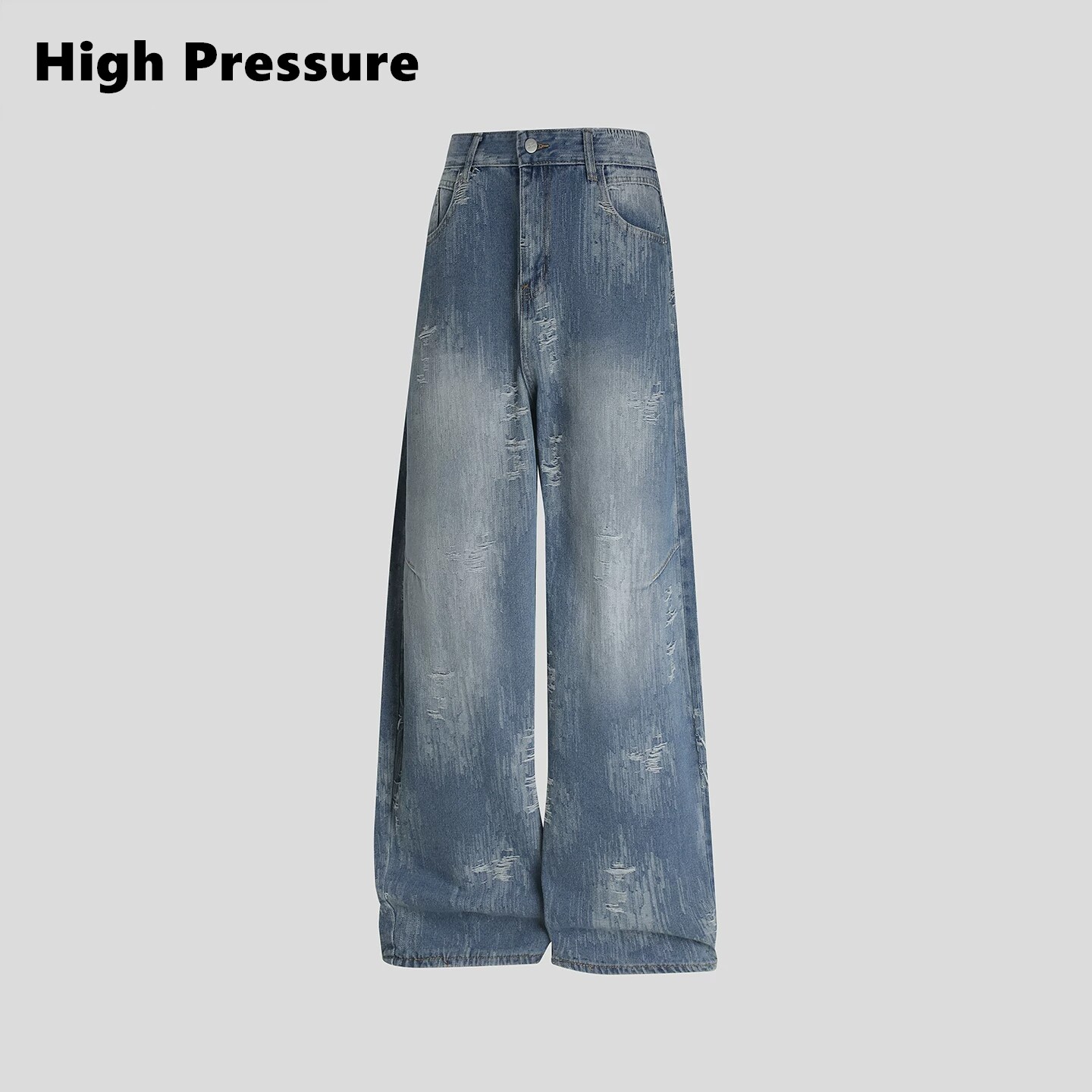 High Pressure美式复古水洗做旧磨破阔腿牛仔裤男女宽松垂感长裤