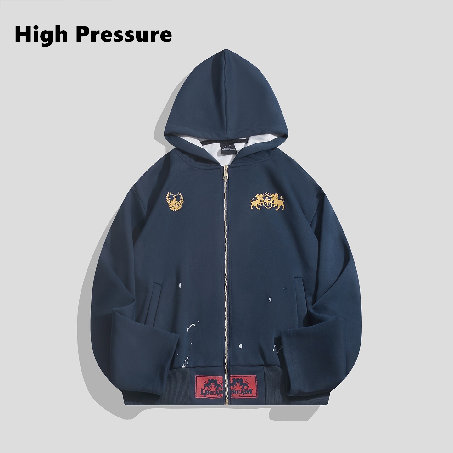 High Pressure水洗破坏泼墨印花拉链连帽卫衣短宽boxy帽衫街头男