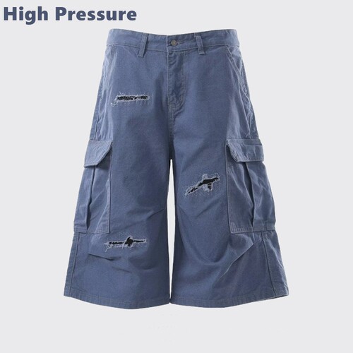 High Pressure美式复古水洗破坏缝线工装短裤男法工裤宽松七分裤
