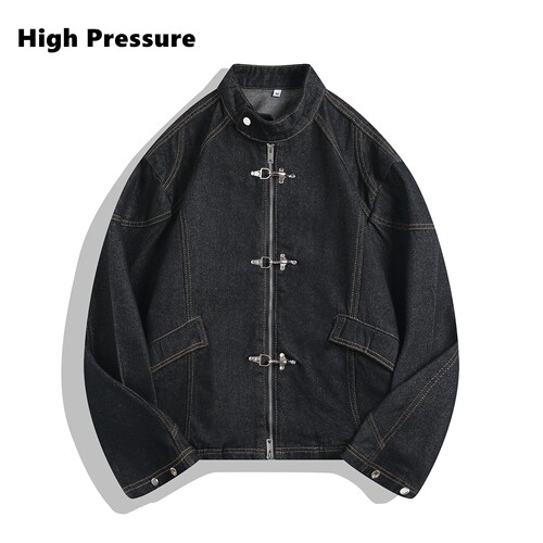 High Pressure美式解构立领飞机扣牛仔外套男女工装休闲机车夹克
