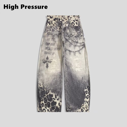 High Pressure美式复古酷飒风水洗做旧3D印花阔腿弯刀牛仔长裤