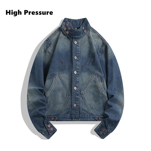 High Pressure美式复古廓形解构牛仔外套男秋水洗多纽扣短宽夹克