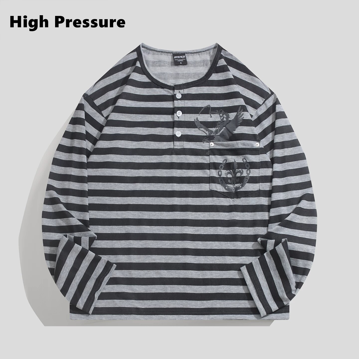 High Pressure撞色条纹纽扣亨利领内搭打底长袖T恤罩衫男女