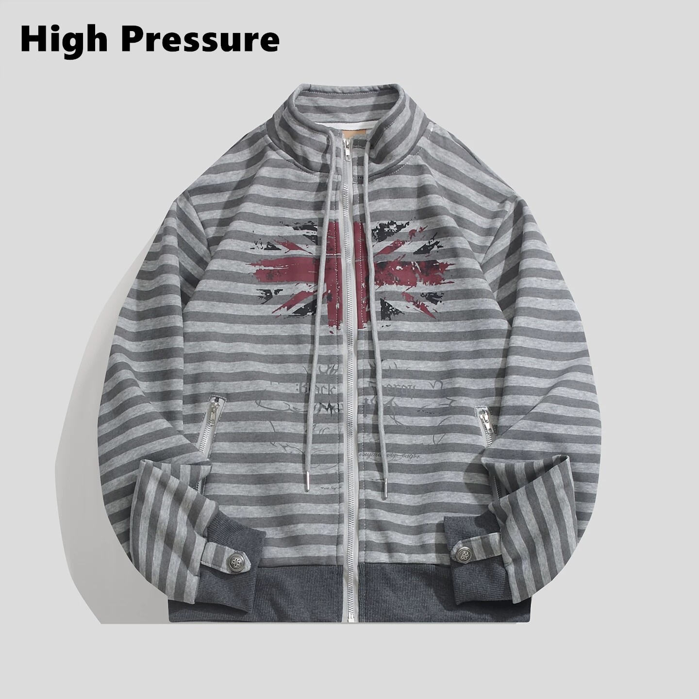 High Pressure美式复古条纹拉链卫衣男做旧旗帜印花立领开衫外套