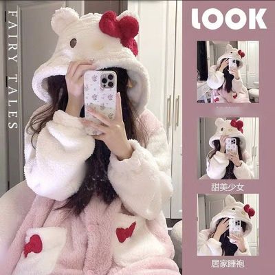 卡通猫居家睡袍女冬季新款加厚连帽家居服高级感可外穿珊瑚绒睡衣