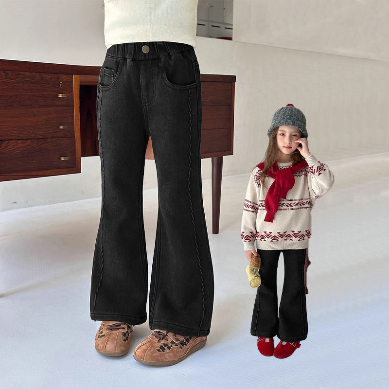 童装女童加绒牛仔裤冬季新款中大童加厚喇叭裤儿童修身一体绒裤子