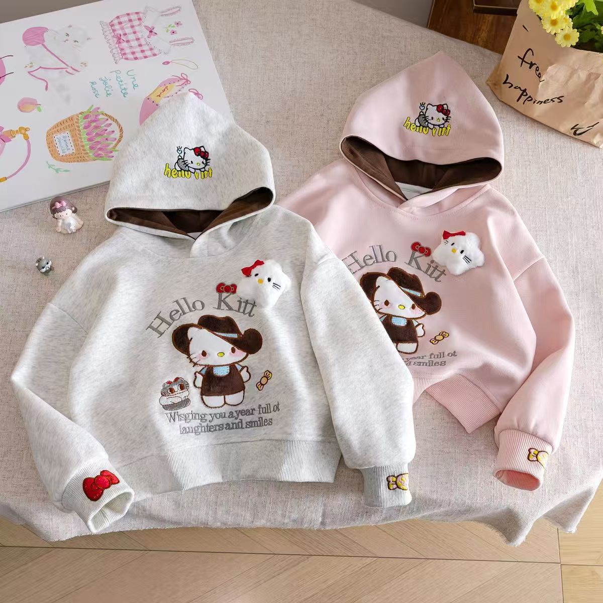 韩版童装女童卫衣秋冬加绒2025宝宝可爱KT猫刺绣长袖中大童连帽衫