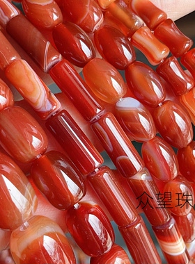 天然红玛瑙条纹桶珠散珠 红缠丝桶珠竹节鼓珠饰品配珠DIY
