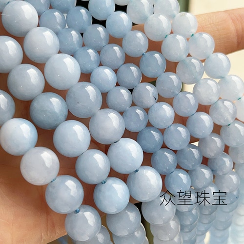 优化海蓝宝色玉髓圆珠 天然白玉加色 珠手工串珠diy饰品配件材料