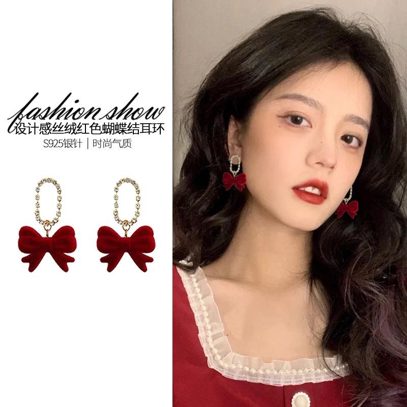 红色丝绒蝴蝶结耳环女2021年新款