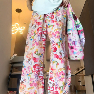 夏季居家人棉绵绸睡裤沙滩加长宽松休闲棉绸阔腿裤遛弯裤卡通印花
