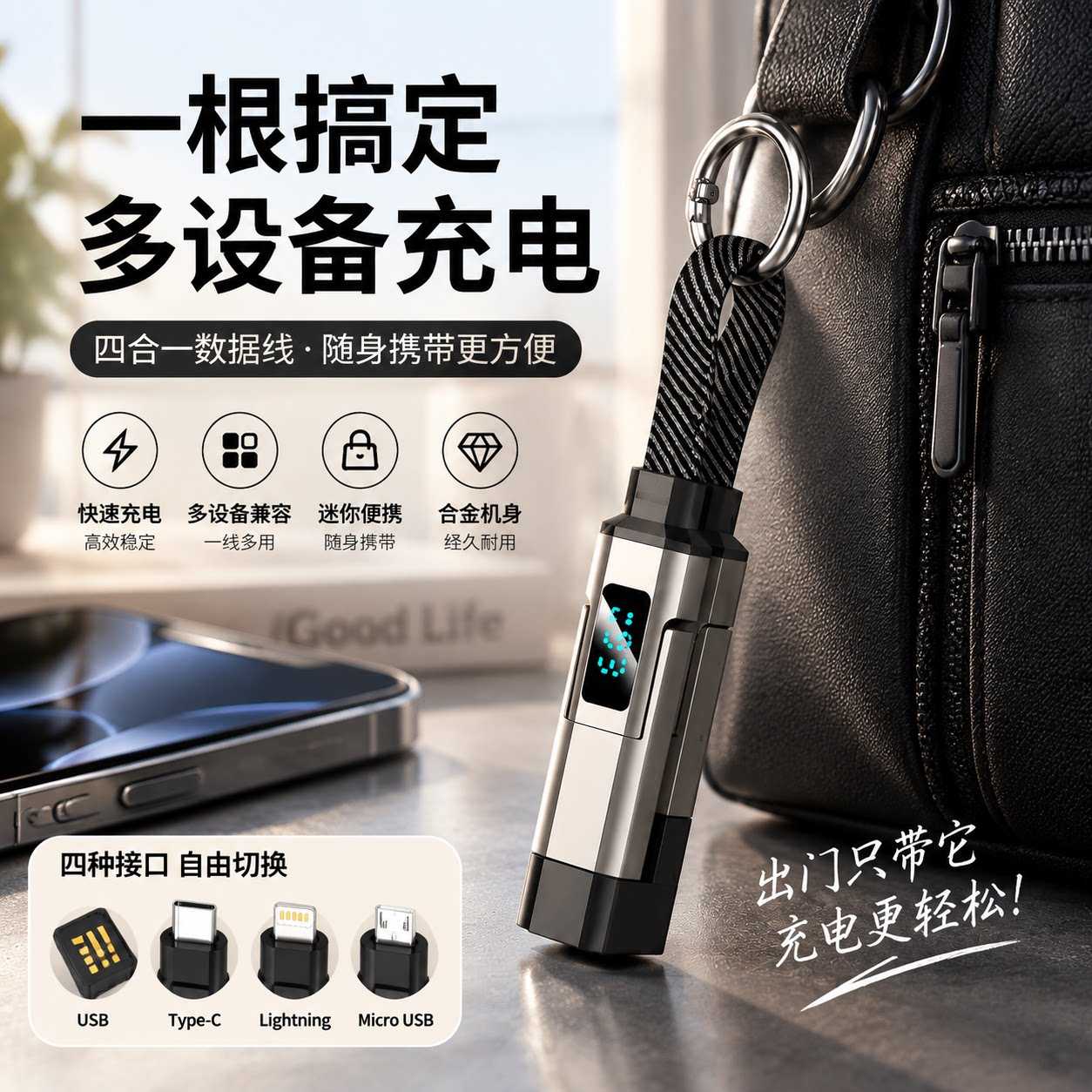 数显钥匙扣快充编织充电数据线