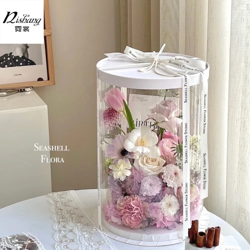 圆形手捧花盒透明PVC蛋糕鲜花盒
