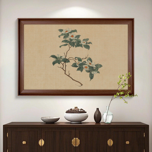 《山茶花》新中式客厅装饰画玄关走廊高档挂画复古风带框风景肌理