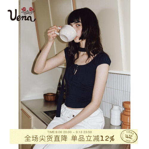 Uena胸前绑带泡泡短袖大圆领T恤